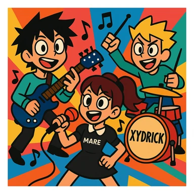 Maretu and Xydrick as stylized characters, energetic and dynamic poses, vibrant colors, musical theme sticker