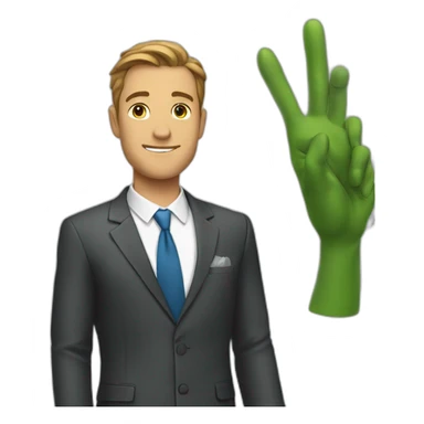 a man in a suit with a single palm raised sticker