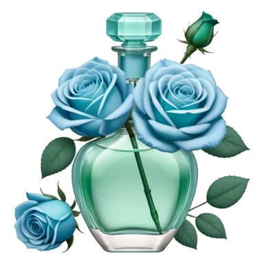 Aesthetic composition of soft blue roses with a vintage-style green  perfume bottle.
 sticker