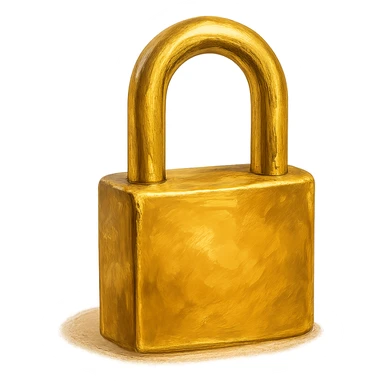 В cлегка рисованной, но при этом объемной и яркой стилистике сгенерируй картинку фотореалистичного полностью золотого замка (замок который для ключей), прозрачный фон sticker