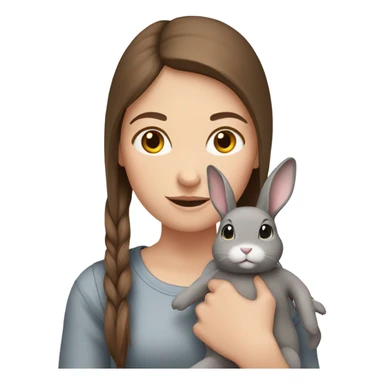 White girl with straight brown hair holding a grey bunny  sticker