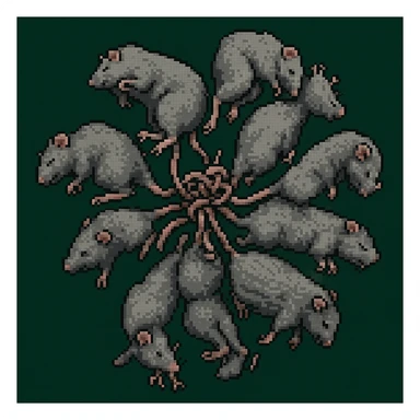 Edit the pixel art rat king to have gray rats with pink tails, keeping the tangled arrangement and pixel art style. sticker