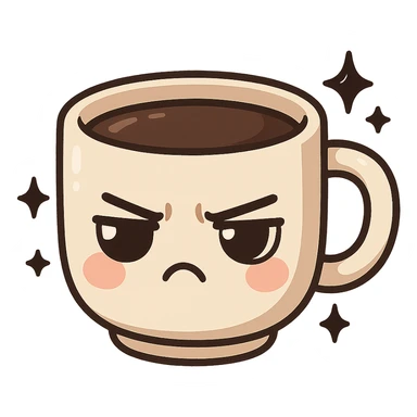 chibi sticker-style coffee cup with black sparkles and a moody expression, cute and exaggerated sticker