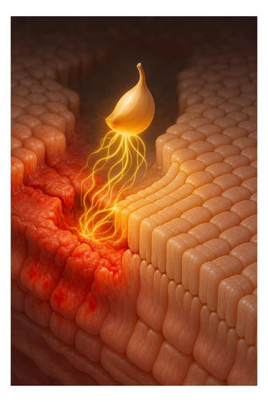 Scientific visualization. A damaged, inflamed section of intestinal lining. A miniature, glowing clove is positioned like a healer, sending out tendrils of golden energy that soothe the inflammation and weave the cellular barrier back together, creating a healthy, sealed surface. sticker