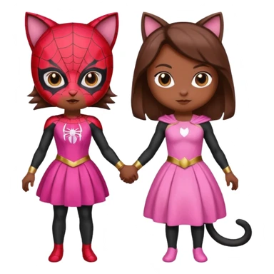 A spider-themed superhero character holding hands with a cute cat character in a pink dress. sticker