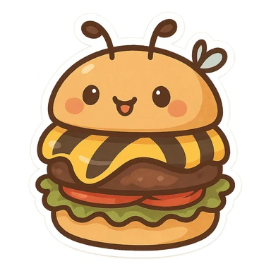 beesechurger with cheese striped like a bee, bee face on the top bun, playful and cute sticker