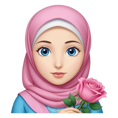 Turkish beautiful finish Konya girl blue eyes with pink hijab islamic dress and had on her hand rose bouquet sticker