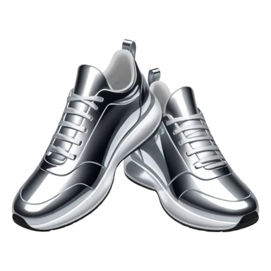 A pair of futuristic sneakers emoji made of silver chrome, sleek streetwear design, smooth metallic panels, subtle reflections, luxury swag aesthetic, iOS emoji style, centered, clean white background sticker