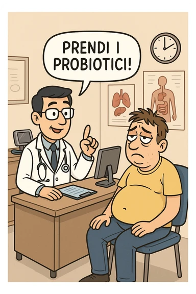 Uomo che ha disbiosi evidente e il dottore gli dice "Prendi i Probiotici!" sticker