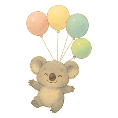 koala floating with pastel balloons, happy face, soft Ghibli style sticker