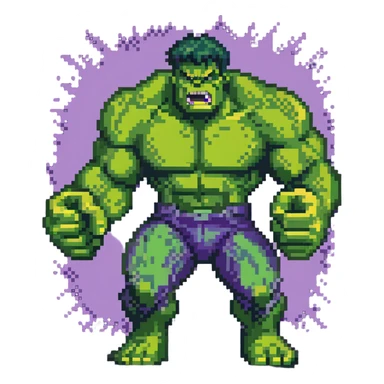 Hulk smashing with powerful fists, green superhero breaking ground, action pose, angry expression, retro video game style sticker