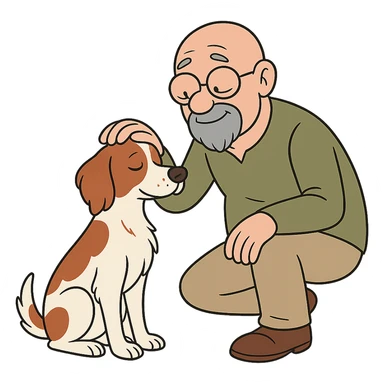 cartoon style bald old man with round glasses and grey goatee petting a Brittany Spaniel, gentle and affectionate sticker
