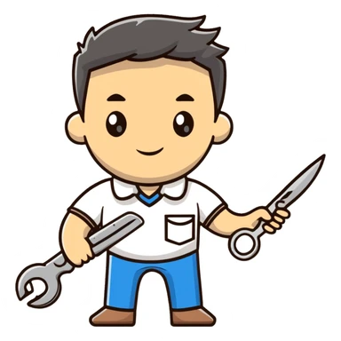 A Ukrainian man in a white embroidered shirt holds a spanner in one hand and scissors in the other sticker