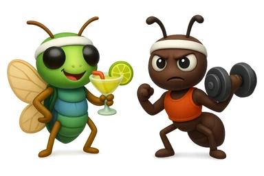 EMOJI STILE IPHONE 3D DI UNA CICALA E UNA FORMICA IN ABITI FITNESS, LA CICALA HA IN MANO UN COCKTAIL MENTRE LA FORMICA HA IN MANO UN MANUBRIO DA PALESTRA. L'IMMAGINE RAPPRESENTA IL FATTO CHE LA FORMICA VOGLIA IMPEGNARSI REALMENTE PER CAMBIARE IL SUO FISICO MENTRE LA CICALA SI VUOLE DIVERTIRE E NON CONCLUDE NULLA ALLA FINE sticker