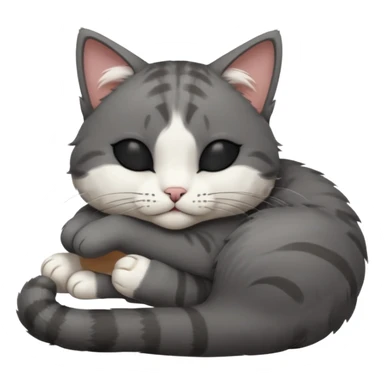 dark grey and white small cat with closed eyes, leaning his head on his paw while leaning on his elbow lying down sticker