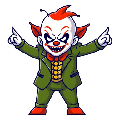 evil clown warrior, bald, very short devil-like horns on forehead, fangs, pointed ears, black and military green leisure suit, battle-ready fighting posture sticker