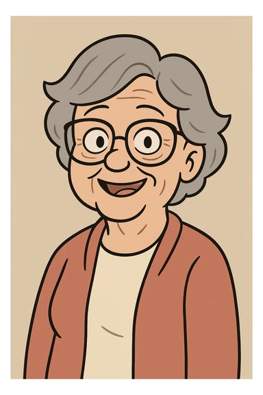 elderly woman with glasses, smiling, short gray hair, flat toon style sticker