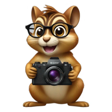 a chipmunk with glasses holds a SONY camera in its paws medium plan sticker