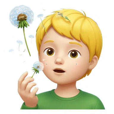 A 3D cartoon child blowing on a dandelion, seeds flying in the air, sunny garden background, realistic Memoji-style. sticker