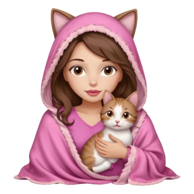 girl with long wavy brown hair, brown eyes, long lashes makeup, sexy pink lips, light to medium complexion, wearing a pink sexy silk top, big blanket over the head cozy holding a cat sticker