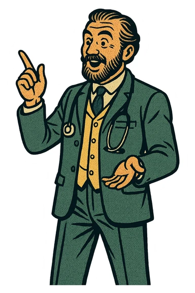 The full body of a doctor from the late 1800s presenting information sticker