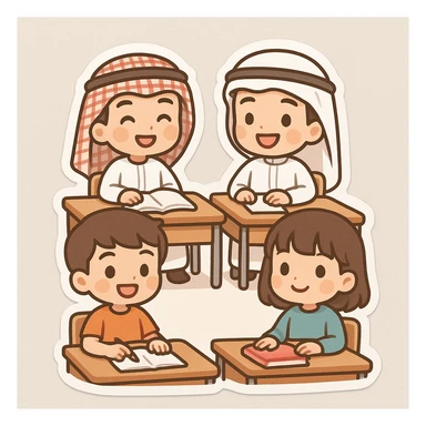 adorable group of chibi kids at their desks, some with keffiyeh and ghutra, others in modern clothes, smiling, classroom setting sticker