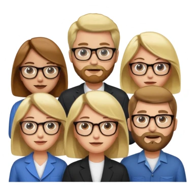 A man with hair and glasses and  a woman with long brown hair and a man with a beard and a woman with a blonde bob sticker