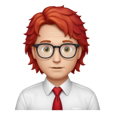 white man in white shirt, having red tie, red wavy hair, wearing glasses sticker