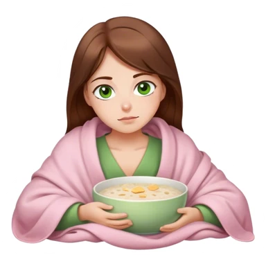 woman with very long brown hair and green eyes in a light pink blanket sleepy with porridge sticker