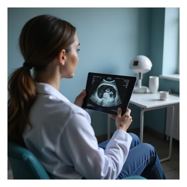 woman sitting with a doctor showing pelvic ultrasound results, serious expression, clinical environment, hyperrealistic 4K details sticker