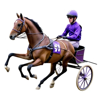 A high-speed harness racing scene featuring a powerful brown trotting horse. The sulky, a lightweight two-wheeled cart, is painted in black and attached to the horse’s harness. A driver, dressed in purple, is seated in the sulky, gripping the reins tightly and wearing a purple helmet with goggles. sticker