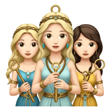 Three goddesses. one with a snake facing right,  one with a key facing left, one in the center with a key sticker