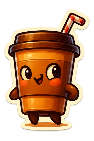 Tall coffee cup, amused, mischievous, drinking coffee with straw, looking sideways sticker