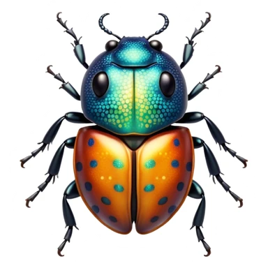 Cinematic Cute Beetle Portrait Emoji, Head tilted playfully and inquisitively, featuring a diminutive, charming body with a glossy, intricately patterned shell and round, sparkling eyes full of endearing wonder, Simplified yet irresistibly adorable features, highly detailed, glowing with a warm, inviting metallic glow, high shine, affectionate and lively, stylized with a touch of whimsical insect elegance, soft glowing outline, capturing the essence of a mischievous beetle that seems as if it could scuttle out of the screen into your arms! sticker