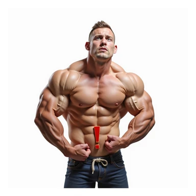realistic muscular bodybuilder with defined muscles and worried face, red exclamation mark symbol near pelvic area, Italian caption 'Assenza di libido', isolated on white background sticker