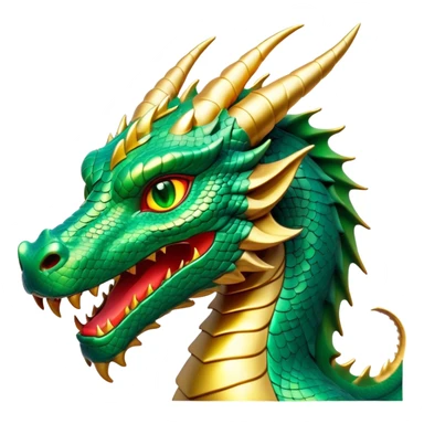 Cinematic Noble Dragon Portrait Emoji, Poised and majestic, with a sinuous, elongated build and shimmering, scale-covered skin in hues of emerald and gold, piercing, fiery eyes, Simplified yet sharp and sophisticated features, highly detailed, glowing with a mystical, radiant glow, high shine, intelligent and formidable, stylized with an air of ancient power, focused and attentive, soft glowing outline, capturing the essence of a watchful and legendary dragon that feels as though it could soar out of the screen with effortless authority! sticker