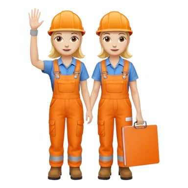 waving woman in orange hi vis overalls and boots holding a clipboard sticker