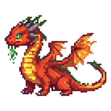 dragon with tiny wings, pixel art style, breathing fire sticker