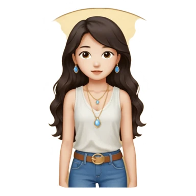 Stylish South Korean girl with long wavy dark hair, wearing a white textured sleeveless top, blue jeans, and a brown belt — soft lighting, cozy indoor vibe, a small, moonstone pendant necklace with a dainty gold chain adds a delicate touch sticker