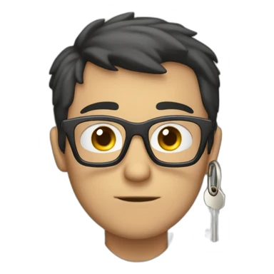 dark-short-haired man with glasses, struggling to fit a key into a lock sticker