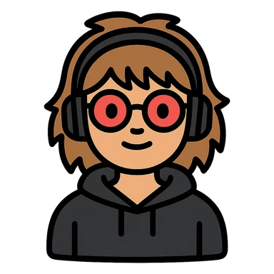 tan brunette girl with a short wolf haircut, round ruby glasses, black headphones, and a black hoodie sticker