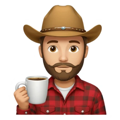 generate an ios genmoji of a 20 year old tan boy with a cowboy hat and side burn beard. Wearing a flannel and carrying a coffee mug sticker