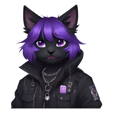 Gorgeous furry gothic dark techwear anime style anthro black cat furry sona Fakemon with blushing face aesthetic and pretty edgy black with violet collar and harness trending style chains cargo pants tomboy sticker