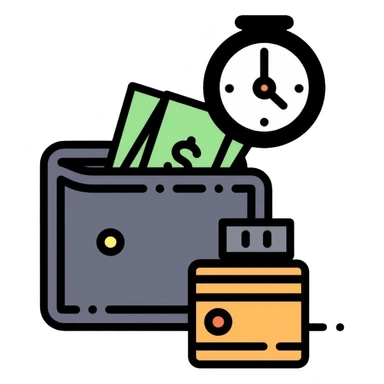 black wallet with dollars visible inside and a small clock in top right corner positioned over the wallet sticker