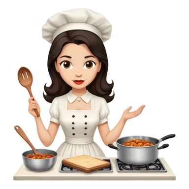 Beautiful woman in 1950’s woman fashion look, white dress, long dark brown hair, cooking sticker