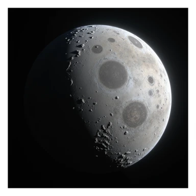 planet Mercury, round, rocky gray ball, covered in pitted marks and rough patches, realistic, illuminated edge, deep shadows, space background sticker