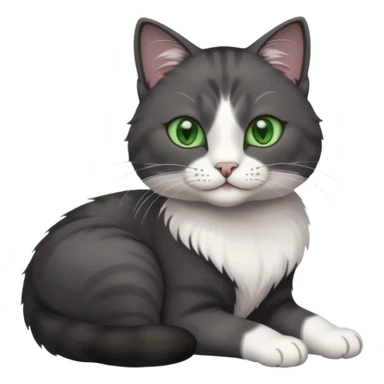 beautiful female solid dark grey cat with green eyes, white toes/paws and white patch on her chest rolling over sticker