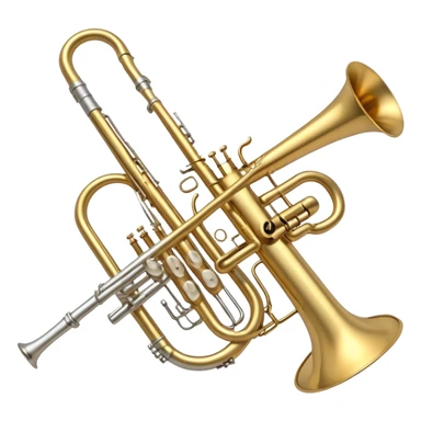 Create a simple and symbolic emoji collage representing wind instruments. Include a variety of iconic elements like the bell of a trumpet, the mouthpiece of a saxophone, and a subtle outline of a trombone. Arrange the elements in a dynamic and balanced way. Use warm metallic tones like gold, brass, and silver for the instruments, with a clean and minimalist design. The background should be transparent, focusing on the shapes and silhouettes of the instruments to convey their essence without excessive detail. sticker