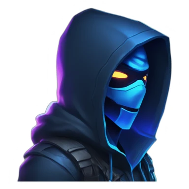 developer behind his laptop with this style : Riot Games Valorant dark blue glowing bright neon blue sparks black hooded assassin themed character sticker