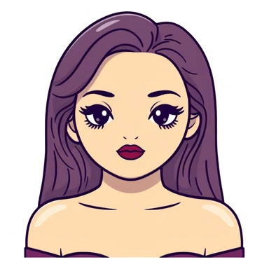 White girl with long oval face, huge round black eyes, big eyelashes, heather berry colored lips, shiny full lips, face closeup with bare shoulders, long straight middle-parted hair sticker